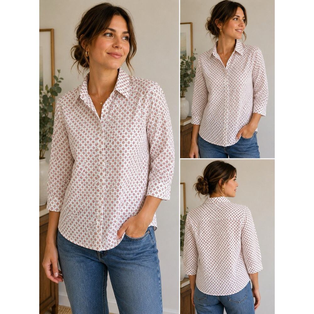 VTG Eddie Bauer Y2K Womens XL Geometric Print Button Up Blouse Shirt Minimalist